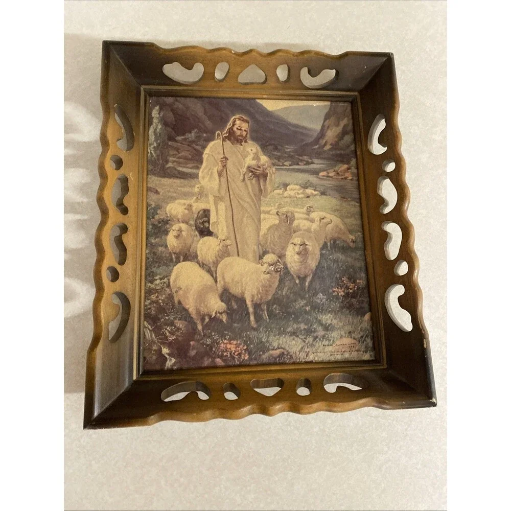 Vintage Jesus Christ The Good Shepard 1942 Warner Sallman framed MCM wall art